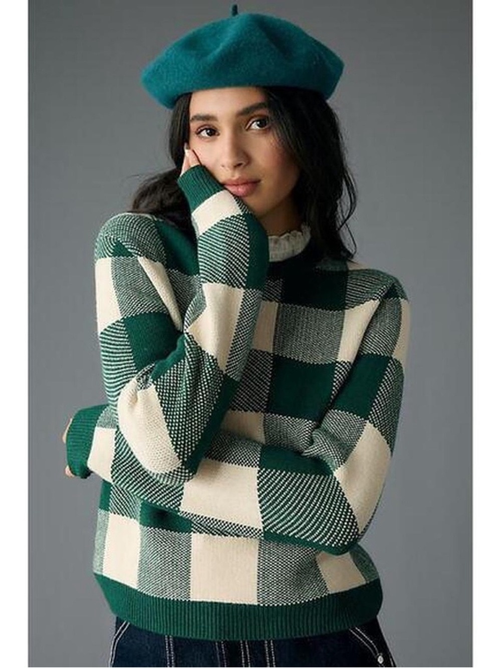 ANTHROPOLOGIE Green Gingham Sweater with Collar Size XS